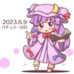  1girl blue_ribbon blush book bow bowtie chibi commentary_request crescent crescent_hat_ornament dated dress footwear_bow grouse01 hair_bow hat hat_ornament hat_ribbon holding holding_book long_hair looking_at_viewer mob_cap open_book open_mouth partial_commentary patchouli_knowledge pointing purple_eyes purple_hair red_bow red_bowtie red_ribbon ribbon robe shadow simple_background solo striped striped_dress touhou translated watermark white_background wide_sleeves yellow_bow 