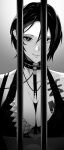  absurdres black_bra black_hair bra chain chest_tattoo collar commentary_request crow_(nikke) earrings furo_atsushi goddess_of_victory:_nikke greyscale highres iron_bars jewelry light_smile looking_at_viewer monochrome short_hair tattoo underwear 