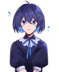  0wqquq 1girl black_dress blue_eyes blue_hair blue_ribbon blush closed_mouth commentary_request dress hair_between_eyes honkai_(series) honkai_impact_3rd looking_at_viewer neck_ribbon puffy_short_sleeves puffy_sleeves ribbon russian_commentary seele_vollerei short_hair short_sleeves simple_background solo upper_body v_arms white_background 