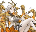  1girl animal blonde_hair breasts closed_mouth colored_inner_hair commentary crossed_legs detached_sleeves dress english_commentary fire_emblem fire_emblem_heroes grey_dress grey_hair grimaisbestwaifu gullveig_(fire_emblem) highres horns large_breasts long_hair looking_at_viewer multicolored_hair pale_skin sideboob signature simple_background single_horn snake snake_hair solo thighs two-tone_dress very_long_hair white_background white_dress yellow_eyes yellow_horns 