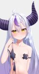  absurdres ahoge bandaid bandaids_on_nipples bikini black_horns braid braided_bangs breasts grey_hair highres hololive horns kamaboko_(kmm15a) la+_darknesss multicolored_hair navel pasties pointy_ears purple_hair small_breasts streaked_hair striped_horns swimsuit yellow_eyes 