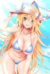  1girl absurdres adjusting_clothes adjusting_headwear alternate_costume bare_shoulders beach bikini blonde_hair blue_bikini blue_headwear blush blush_stickers breasts calcio cleavage collarbone commentary curvy dark_magician_girl duel_monster green_eyes hair_between_eyes hat highres huge_breasts large_breasts leaning_forward long_hair looking_at_viewer navel ocean open_mouth pelvic_curtain skindentation smile solo stomach string_bikini swimsuit thick_thighs thighs thong_bikini wet yu-gi-oh! 