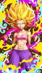  1girl aqua_eyes bare_shoulders blonde_hair breasts caulifla clenched_hands clenched_teeth collarbone commentary dragon_ball dragon_ball_super english_commentary fingernails highres kanchiyo looking_at_viewer midriff navel pink_tube_top serious small_breasts solo spiked_hair standing stomach strapless super_saiyan teeth tube_top 
