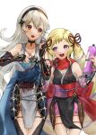  2girls absurdres bangs black_hairband black_ribbon blonde_hair breasts cleavage corrin_(female)_(fire_emblem) corrin_(female)_(ninja)_(fire_emblem) corrin_(fire_emblem) cowboy_shot elise_(fire_emblem) elise_(ninja)_(fire_emblem) fire_emblem fire_emblem_fates fire_emblem_heroes grey_hair hair_ribbon hairband highres holding holding_another&#039;s_arm holding_scroll howaito_gyuunyuu japanese_clothes long_hair looking_at_another multicolored_hair multiple_girls ninja official_alternate_costume open_mouth pointy_ears purple_hair red_eyes red_ribbon ribbon scroll shuriken_hair_ornament teeth twintails two-tone_hair upper_teeth_only white_background 