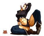  1girl abs angel_(kof) backless_pants blue_eyes boots breasts chaps cowboy_boots crop_top cropped_jacket gloves hair_over_one_eye highres jacket large_breasts leather leather_jacket looking_at_viewer midriff muscular muscular_female navel panties pants setsuna_kasugano short_hair snk solo the_king_of_fighters the_king_of_fighters_2001 thighs toned underwear white_hair 