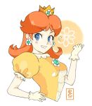  1girl blue_eyes breasts brown_hair commentary crown dress earrings flower_brooch flower_earrings gloves hand_on_own_hip hand_up highres jewelry mario_(series) medium_breasts medium_hair onirizu orange_dress parted_bangs princess_daisy puffy_short_sleeves puffy_sleeves short_sleeves solo super_smash_bros. symbol-only_commentary white_gloves yellow_dress 
