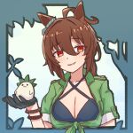  1girl 1other :3 agnes_tachyon_(lunatic_lab)_(umamusume) agnes_tachyon_(umamusume) ahoge animal_ears bikini black_bikini black_gloves blush breasts brown_hair cleavage criss-cross_halter ear_ribbon gloves green_jacket green_ribbon halterneck highres horse_ears horse_girl jacket kii-kun_(agnes_tachyon)_(umamusume) official_alternate_costume ribbon suiro_no_sakana summer&#039;s_sunlight_fades_to_blue_(umamusume) swimsuit tied_jacket umamusume upper_body 