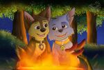 bonfire canid canine canis chase_(paw_patrol) chocky25 collar domestic_dog duo emblem feral german_shepherd herding_dog hi_res leaf looking_at_another male mammal mixed_breed night open_mouth open_smile pastoral_dog paw_patrol plant rocky_(paw_patrol) shrub smile star tongue tree 