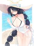  1girl beach black_hair blue_archive blush braid breasts brown_headwear cleavage closed_mouth collarbone cowboy_shot groin hair_over_one_eye halo halterneck hat highres hinata_(blue_archive) hinata_(swimsuit)_(blue_archive) large_breasts long_braid long_hair nao_(naobinarydigit) ocean official_alternate_costume one-piece_swimsuit signature single_braid smile solo sun_hat swimsuit v very_long_hair white_one-piece_swimsuit yellow_halo 