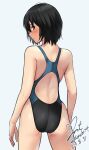  1girl amagami black_hair black_one-piece_swimsuit brown_eyes competition_swimsuit dated from_behind highleg highleg_swimsuit highres looking_at_viewer nanasaki_ai one-piece_swimsuit short_hair signature simple_background solo standing swimsuit twitter_username two-tone_swimsuit white_background yoo_tenchi 
