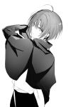  1girl ahoge from_behind greyscale hair_between_eyes jacket looking_at_viewer looking_back lpip monochrome original pants parted_lips shirt simple_background solo white_background 