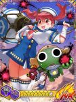  1boy 1girl black_eyes frog game_cg giroro hat hinata_natsumi jumping keroro keroro_gunsou long_hair looking_at_viewer monster_hunter_(series) official_art open_mouth red_eyes ribbon shirt skirt star_(symbol) twintails weapon yoshizaki_mine 