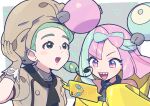  2girls :d ascot blush_stickers bow-shaped_hair buttons character_hair_ornament commentary_request gloves green_hair grey_background grey_shirt hair_ornament hand_up hat highres iono_(pokemon) jacket katy_(pokemon) mole mole_on_cheek multicolored_hair multiple_girls open_mouth pink_eyes pink_hair pokemon pokemon_(game) pokemon_sv rotom rotom_phone shirt sleeveless sleeveless_shirt smile teeth tongue two-tone_hair u2t5k2s5 upper_body upper_teeth_only yellow_jacket 