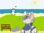  aiuut azzazel_(kuma) beach bench canid canine duo felid feline grass love machine male male/male mammal plant robot sea seaside sun surprise unknown_artist water wholesome 