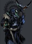  1boy armor breastplate gloves helmet highres lightning looking_to_the_side psyker purity_seal pythosart robe solo staff tube warhammer_40k warhammer_40k:_darktide 