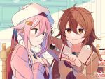  2girls blush brown_cardigan brown_eyes brown_hair cardigan chair closed_mouth food fork hair_between_eyes hair_flaps hair_ornament hairband hairclip harusame_(kancolle) hat holding holding_fork kantai_collection light_smile long_hair long_sleeves multiple_girls neckerchief pink_cardigan pink_hair red_eyes red_hairband red_neckerchief shiratsuyu_(kancolle) shiratsuyu_kai_ni_(kancolle) side_ponytail sitting white_headwear yukichi_(eikichi) 