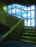  absurdres blue_sky cloud highres indoors moss mushroom no_humans original overgrown scenery sky stairs sumassha_t_t water window 