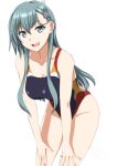  1girl aqua_hair black_one-piece_swimsuit breasts collarbone competition_swimsuit cowboy_shot green_eyes hair_ornament hairclip hands_on_own_thighs kantai_collection koutarou_(plusdrive) large_breasts long_hair medium_breasts multicolored_clothes multicolored_swimsuit one-piece_swimsuit open_mouth simple_background smile solo suzuya_(kancolle) swimsuit teeth upper_teeth_only white_background 