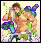  1boy abs animal artist_name bandaged_hand bandages bandaid bandaid_on_arm bara brown_hair can commission dog dumbbell energy_drink green_scarf green_shorts highres ibispaint_(medium) jezz_mons_art large_pectorals male_focus monster_energy muscular muscular_male navel nipples original pectorals scarf short_hair shorts soda_can topless_male twitter_username 
