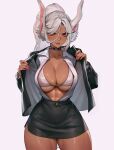  1girl animal_ears artist_name bikini black_choker black_skirt boku_no_hero_academia breasts choker collarbone collared_shirt cowboy_shot dark-skinned_female dark_skin dress eyebrows_hidden_by_hair hair_between_eyes high-waist_skirt high_ponytail highres jacket large_breasts long_hair looking_at_viewer miniskirt mirko nail_polish open_clothes open_jacket open_shirt parted_lips pink_nails rabbit_ears sayanestia shirt simple_background skirt solo string_bikini swimsuit thick_thighs thighs underboob v-shaped_eyebrows white_background white_dress white_hair white_shirt 