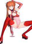  1girl adapted_costume alternate_costume arm_support blue_eyes brown_hair elbow_gloves embarrassed gloves hair_ornament highres leotard light_brown_hair long_hair looking_at_viewer midriff navel neon_genesis_evangelion nipples plugsuit pole_dancing pussy race_queen red_gloves red_thighhighs see-through see-through_leotard smile solo souryuu_asuka_langley thighhighs yukotaruma 