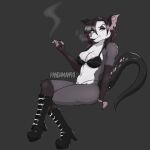  1:1 american_opossum anthro big_breasts boots breasts cigarette cleavage clothed clothing eyebrow_piercing eyeliner eyeshadow facial_piercing female footwear goth highlights_(coloring) knee_boots knee_highs leather legwear makeup mammal marsupial nose_piercing nylon pandaman90 piercing smoking solo thong tongue tongue_out underwear 