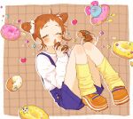  1girl :o aikatsu! aikatsu!_(series) arisugawa_otome blue_shorts blush closed_eyes cone_hair_bun double_bun doughnut eating food full_body hair_bun holding holding_food long_sleeves loose_socks mrokr open_mouth orange_footwear orange_hair short_hair shorts sitting socks solo star_(symbol) suspender_shorts suspenders sweater white_sweater yellow_socks 