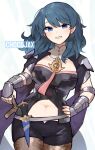  1girl artist_name black_shorts blue_eyes blue_hair breasts brown_pantyhose byleth_(female)_(fire_emblem) byleth_(fire_emblem) chocojax clothing_cutout commentary cowboy_shot dagger fire_emblem fire_emblem:_three_houses grin hand_on_own_hip highres knife long_hair looking_at_viewer medium_breasts navel navel_cutout pantyhose pantyhose_under_shorts scabbard sheath sheathed short_shorts short_sleeves shorts smile solo standing vambraces weapon 