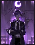  1boy belt black_pants brown_belt chain city closed_mouth coat collared_shirt crescent_moon crossed_arms expressionless formal glowing glowing_eyes lc_warning library_of_ruina long_sleeves moon necktie pants project_moon purple_coat purple_hair purple_necktie purple_theme shirt solo white_shirt wing_collar yesod_(project_moon) 