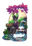 canid canine clothed clothing detailed_background fennec fox hair heterochromia kayphi kota_(kotafen) male mammal outside plant smile solo tree water 