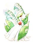  absurdres chako_(parusminor30) closed_mouth flower gardevoir green_hair hair_over_one_eye highres leaf mega_gardevoir mega_pokemon no_humans painting_(medium) pokemon pokemon_(creature) red_eyes short_hair smile solo traditional_media watercolor_(medium) white_background white_flower 