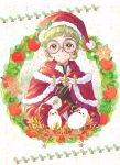  apple blunt_bangs brown_eyes christmas_wreath fire_emblem fire_emblem:_three_houses food fruit glasses green_hair hat ignatz_victor ignatz_victor_(winter) merry_christmas santa_hat snowman solo teitokunanodesu turtleneck wreath 