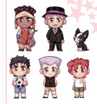  2608337875 5boys aged_down apron ball beard boston_terrier buruma chibi dark-skinned_male dark_skin facial_hair fedora formal grey_hair gym_shorts hat highres iggy_(jojo) jean_pierre_polnareff jojo_no_kimyou_na_bouken joseph_joestar joseph_joestar_(old) kakyoin_noriaki kujo_jotaro mohammed_avdol multiple_boys shirt shorts sleeveless sleeveless_shirt soccer_ball stardust_crusaders suit suspender_shorts suspenders terrier_(dog) 