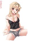 1girl alternate_costume bare_shoulders black_camisole black_ribbon blonde_hair blush breasts camisole collarbone commentary_request cropped_legs drawstring ebifurya fang grey_shorts hair_flaps hair_ornament hair_ribbon hairclip highres kantai_collection long_hair looking_at_viewer medium_breasts navel one-hour_drawing_challenge open_mouth red_eyes ribbon short_shorts shorts simple_background smile solo spread_legs strap_slip thighs tongue twitter_username very_long_hair white_background yuudachi_(kancolle) yuudachi_kai_ni_(kancolle) 
