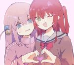  2girls :d blue_eyes bocchi_the_rock! cube_hair_ornament gotoh_hitori green_eyes hair_ornament heart heart_hands heart_hands_duo highres kita_ikuyo multiple_girls nekonabe nervous pink_hair pink_track_suit red_hair red_ribbon ribbon school_uniform smile sweat yuri 