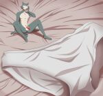  2023 absurd_res anthro beastars bed canid canine canis clothing clothing_aside fur furniture genitals grey_body grey_fur hi_res legoshi_(beastars) male mammal micro nude penis shrunk simple_background solo tommysamash underwear underwear_aside waking_up wolf 