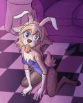  2023 all_fours anthro blonde_hair blue_eyes breasts bunny_costume carrot cleavage clothed clothing costume deer ears_down female floor food furniture gloves hair handwear hi_res hooves legwear looking_at_viewer mammal on_ground pantyhose pivoted_ears plant playboy_bunny playboy_outfit rabbit_ears roadkill_(sufficient) scut_tail short_tail sofa solo spots sufficient_(artist) tail tan_body tile tile_floor unguligrade vegetable 