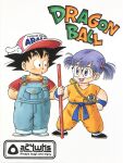  1boy 1girl :o a24wks artist_name blue_eyes blue_overalls commentary_request copyright_name cosplay costume_switch dougi dr._slump dragon_ball dragon_ball_(classic) glasses hair_bobbles hair_ornament hand_on_own_hip hands_in_pockets highres norimaki_arale norimaki_arale_(cosplay) nyoibo open_mouth overalls purple_hair red_shirt shirt shoes smile sneakers son_goku son_goku_(cosplay) twintails watermark winged_hat wristband 