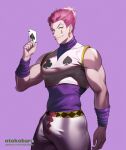  1boy ace_(playing_card) ace_of_spades bara bulge card facepaint hair_slicked_back highres hisoka_morow hunter_x_hunter large_pectorals looking_at_viewer male_focus muscular muscular_male otokobara paid_reward_available pectorals playing_card red_hair seductive_smile shirt short_hair sleeveless sleeveless_shirt smile solo spade_(shape) teardrop_facial_mark thighs tight_clothes 