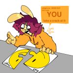  1:1 alfred(collinthedumb) angry animal_humanoid anthro clothing collinthedumb colored english_text eyebrows fangs flat_colors fur furniture gesture hair hand_on_table highlights_(coloring) hoodie humanoid lagomorph lagomorph_humanoid leporid leporid_humanoid leproid magenta_hair male mammal mammal_humanoid meme open_mouth orange_clothing orange_hoodie orange_topwear pawpads pink_hair pointing pointing_at_another puzzle puzzle_piece rabbit rabbit_humanoid raised_eyebrow short_hair signature simple_background smiley_face solo solo_focus speech_bubble spots spotted_body spotted_fur table teeth text tongue topwear upset watermark white_background yellow_body yellow_fur 