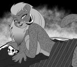  2023 absurd_res anthro big_breasts black_and_white bone breasts callmewritefag digital_drawing_(artwork) digital_media_(artwork) disney ear_piercing felid female fur hair hi_res jaguar leopard looking_at_viewer mammal monochrome nude pantherine piercing pinup pose queen_la skull smile solo spots tarzan tarzan_(disney) 