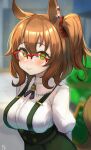  1girl absurdres animal_ears aston_machan_(umamusume) blurry blurry_background blush breasts brown_hair casual closed_mouth glasses green_skirt green_suspenders highres horse_ears horse_girl horse_tail large_breasts long_sleeves looking_at_viewer medium_hair over-rim_eyewear red-framed_eyewear semi-rimless_eyewear side_ponytail skirt smile solo suspender_skirt suspenders tail umamusume upper_body watashinabe 