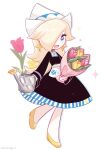  1girl black_dress blonde_hair blue_eyes dress earrings flower full_body hair_over_one_eye hat highres holding holding_watering_can jewelry long_hair looking_at_viewer mario_(series) mario_kart mario_kart_tour official_alternate_costume open_mouth oxo_xwo rosalina rosalina_(volendam) solo star_(symbol) star_earrings watering_can white_background white_headwear yellow_footwear 