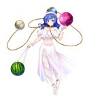  1girl alternate_costume blue_eyes blue_hair blue_nails breasts cleavage closed_mouth dress food fruit full_body game_cg hecatia_lapislazuli hecatia_lapislazuli_(earth) hecatia_lapislazuli_(tropical_goddess) highres looking_at_viewer medium_hair moon_(ornament) navel off_shoulder pantyhose polos_crown rotte_(1109) simple_background smile solo third-party_source touhou touhou_lost_word watermelon white_background white_dress white_pantyhose 