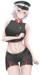  1girl azur_lane bare_arms bare_shoulders black_shirt black_shorts blush breasts character_request clenched_teeth commentary_request cowboy_shot crop_top grey_hair hair_between_eyes hat highres jakqbigone large_breasts looking_at_viewer midriff navel peaked_cap shirt short_hair shorts simple_background sleeveless sleeveless_shirt solo standing stomach teeth thighs white_background yellow_eyes 