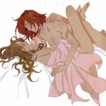  2girls blush breasts brown_hair closed_mouth dated dress highres leg_lock long_hair luoman19921 medium_breasts multiple_girls nipples nude original parted_lips pink_dress red_hair short_hair simple_background small_breasts white_background yuri 