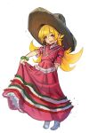  1girl blonde_hair blush blush_stickers bracelet dress english_commentary fangs hat highres jewelry long_hair looking_at_viewer mexican_dress monogatari_(series) open_mouth oshino_shinobu ricman_rt simple_background smile solo sombrero very_long_hair white_background yellow_eyes 