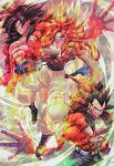  3boys abs absurdres biceps black_hair blue_eyes blue_sash body_fur closed_mouth dragon_ball dragon_ball_gt gogeta highres long_hair looking_at_viewer male_focus metamoran_vest monkey_boy monkey_tail multiple_boys muscular muscular_male no_nipples ota_ta999 pants pectorals red_fur red_hair sash son_goku spiked_hair super_saiyan super_saiyan_4 tail vegeta white_pants yellow_pants 