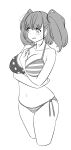  1girl american_flag_bikini atlanta_(kancolle) between_breasts bikini breasts cleavage cropped_legs flag_print greyscale highres kantai_collection large_breasts long_hair looking_to_the_side monochrome side-tie_bikini_bottom solo swimsuit tamu_(mad_works) two_side_up wince 