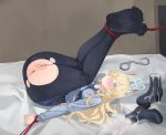  1girl absurdres animal_ears anus ass bandaid bandaid_on_pussy black_pantyhose blonde_hair blue_archive blue_eyes blush boots boots_removed bound_ankles chuck_(harfmoondark) cuffs cum_in_footwear hair_over_one_eye handcuffs highres kanna_(blue_archive) long_hair lying necktie on_back pantyhose pencil_skirt restrained skirt solo torn_clothes torn_pantyhose 
